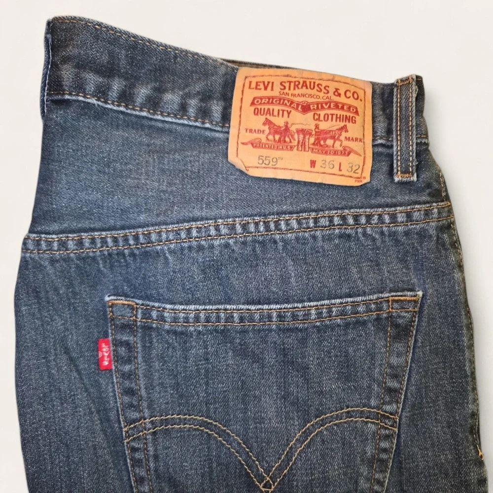 Levis 559 Relaxed‎ Straight Jeans Mens 36x29 Dark Wash Denim Raw Hem Cutoff